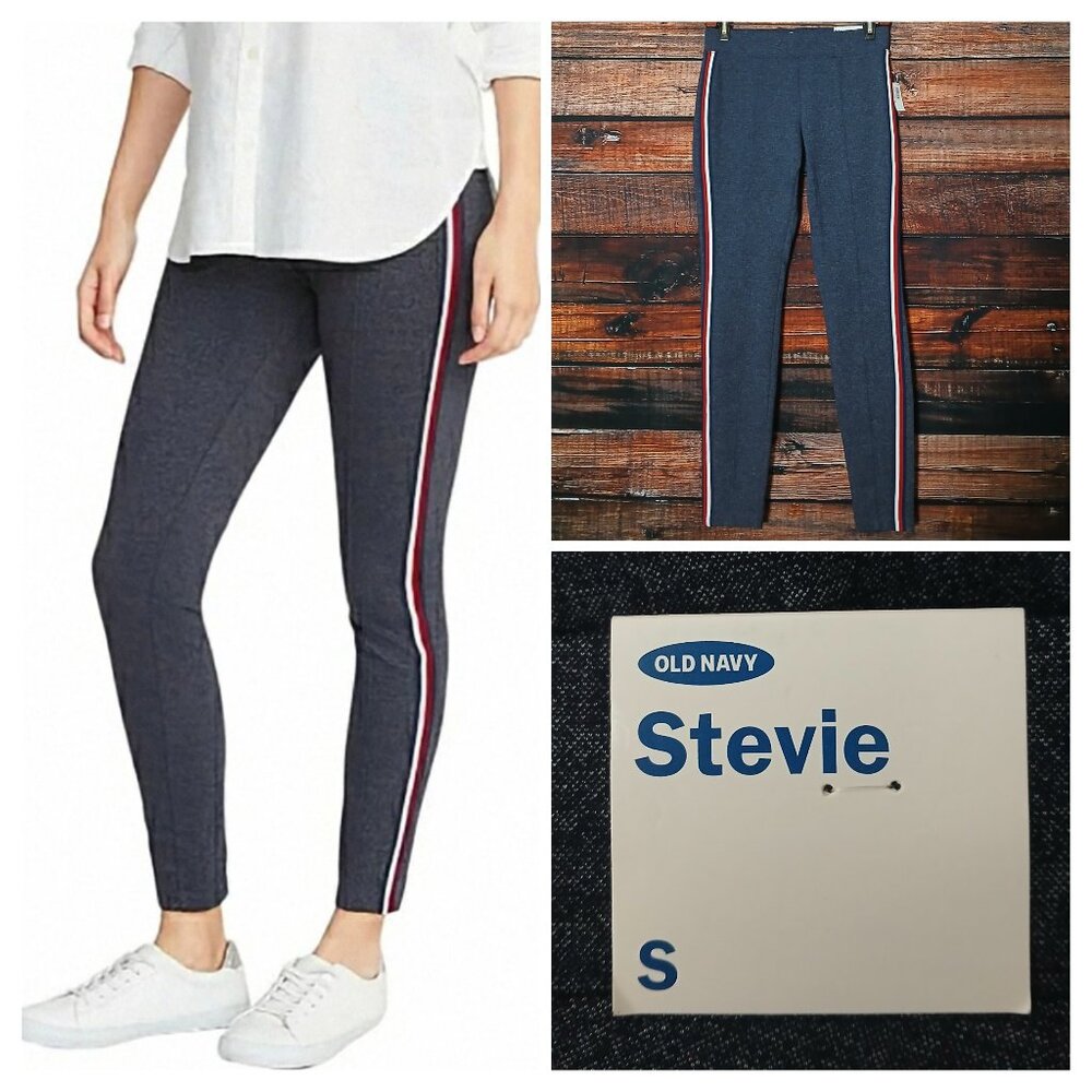 NWT Old Navy Pants S Stevie Ponte Leggings Navy Blue Side Stripes Stretch